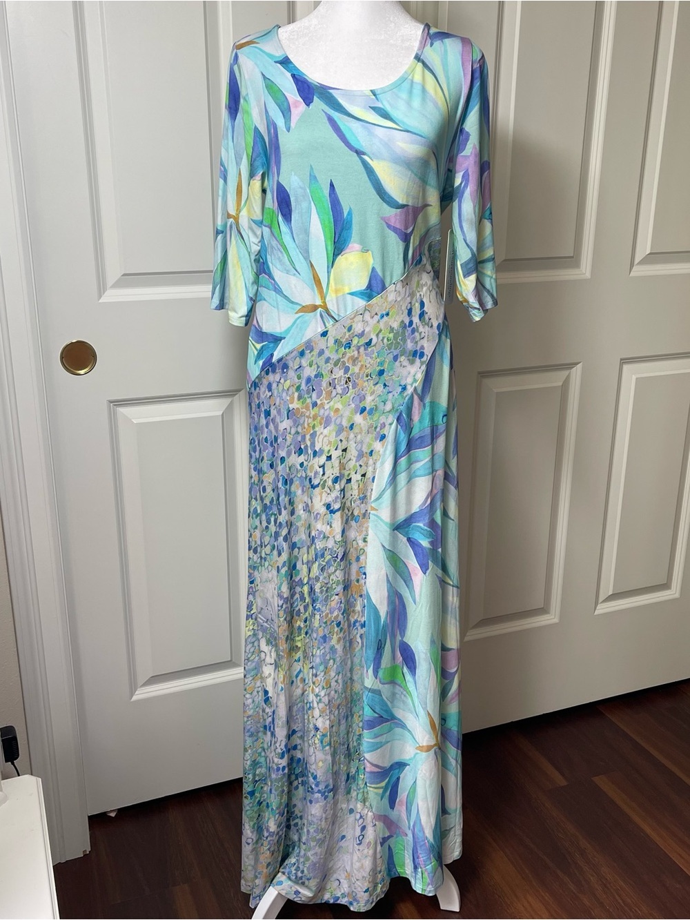 NWT Soft Surroundings Stella Dress Maxi Scoop Neck Half Sleeve Blue Aqua Green M - Picture 2 of 16